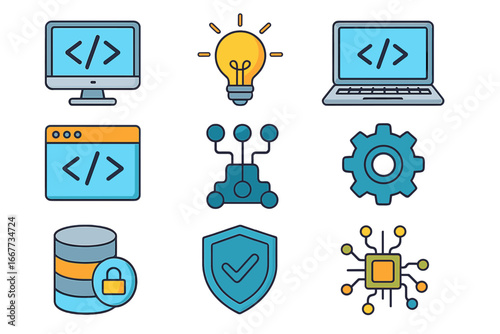 Colorful technology icon set for web development and programming. Includes code, data security, database, network, CPU, and idea icons. Modern flat cartoon vector graphics.