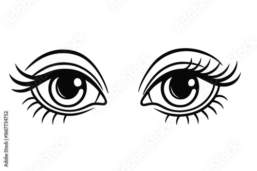 Elegant line art of two cartoon eyes with long eyelashes. Vector illustration for beauty salon logo, decal, or makeup concept. Abstract female looking, vision icon design.