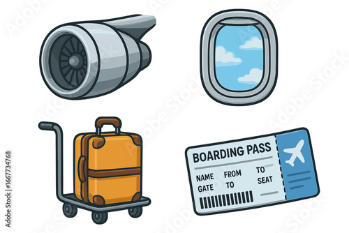 Air travel icon set with airplane engine, window view, luggage cart, and boarding pass. Vector cartoon symbols for flight, tourism, vacation and transport concepts.