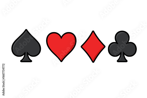 Classic playing card suits symbol set. Heart, spade, diamond, and club vector icons. Cartoon design elements for casino, poker, gambling, vegas, blackjack, and card games.