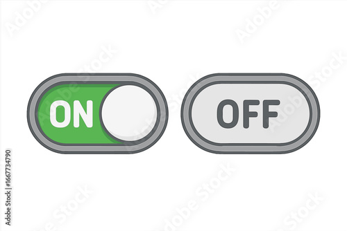 Switch toggle button on and off. Power control interface element. Vector icon for web design. Slider for mobile app. Enable and disable option. Flat cartoon illustration.
