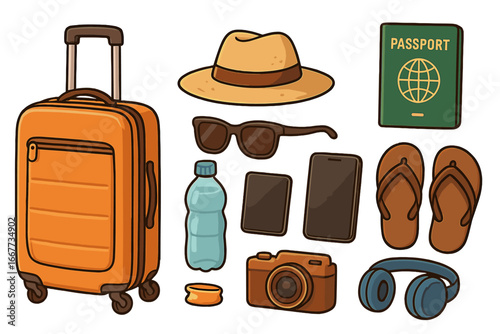 Travel essentials icon set for vacation and tourism. Vector cartoon illustration of luggage, passport, camera, hat, and sunglasses. Holiday journey and trip accessories collection.