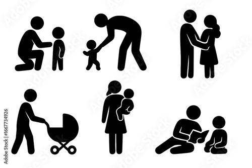Family life and parenting activities icon set. Stick figure parents with children silhouettes. Childcare, relationships, and parenthood vector graphic symbols collection.