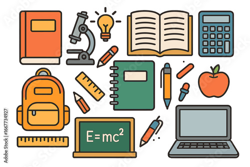 Back to school icon set. Education and learning concept in flat design. Vector illustration of school supplies. Student essentials like book, laptop, microscope, and calculator.