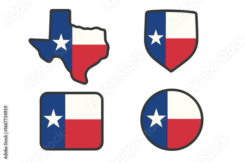 Texas flag icon set. Vector map silhouette, shield, circle, and square shapes with the Lone Star flag. USA state symbol collection. American patriotic emblem design element.