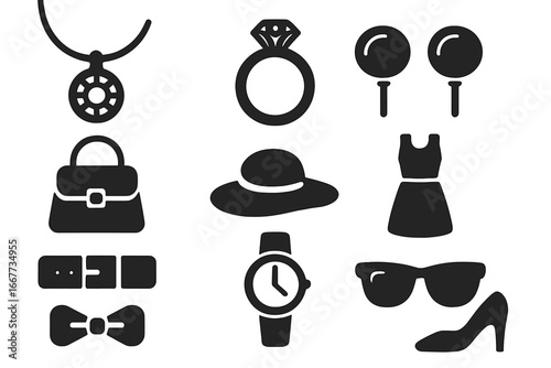Fashion accessories solid icon set. Jewelry, clothing, and personal items collection. Vector glyphs for web and print. Includes ring, dress, watch, sunglasses, and hat.