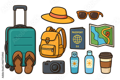 Vector travel essentials icon set. Vacation and holiday items collection for tourism and journey. Suitcase, passport, camera, map, and backpack for summer adventure concept.