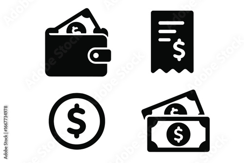 Finance and banking solid glyph icon set. Money, payment, and currency symbols. Vector collection of wallet, cash, coin, and receipt icons for web and mobile design.