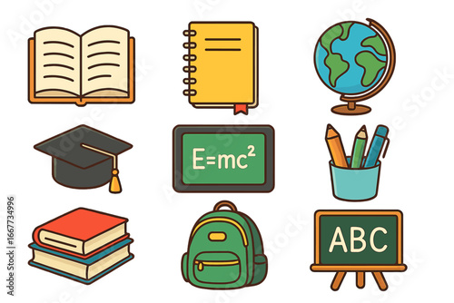 School icon set for education and learning. Back to school concept with student supplies like backpack, book, globe, graduation hat. Knowledge, study, classroom elements.