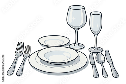 Elegant table setting for fine dining. Formal dinner place setting with plates, glasses, and cutlery. Restaurant banquet or wedding celebration concept. Etiquette and gourmet meal.