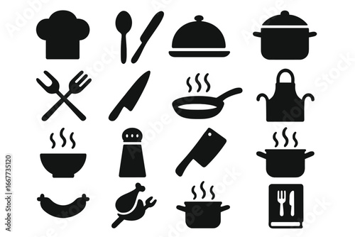 Food and cooking silhouette icon set. Culinary symbols for chef, meal preparation, restaurant menu. Vector graphic collection of kitchen utensils and cookware elements.