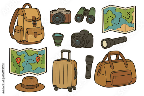 Travel essentials icon set. Adventure and exploration gear. Luggage, backpack, photo camera, map, binoculars, flashlight. Vacation, tourism, hiking, camping vector items.