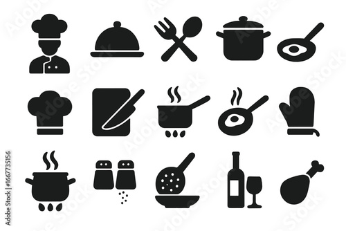 Cooking and food silhouette icon set. Culinary kitchen utensils, restaurant menu symbols. Chef hat, pot, pan, cutlery, and meal preparation vector glyph icons collection.