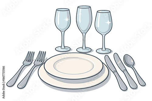 Formal table setting for fine dining, wedding, or gala. Vector illustration of dinner etiquette with plates, cutlery, silverware, and sparkling wine glasses. Isolated concept.