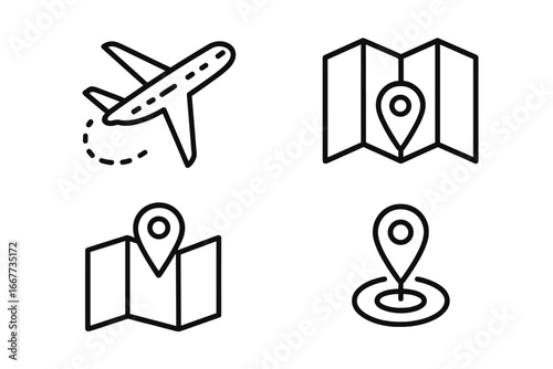 Travel and tourism outline icon set. Vector symbols for flight, map, and destination. Line art airplane, gps location pin, navigation route, and pointer graphic elements.