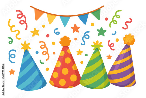 Colorful party hats, confetti, and garland for birthday celebration. Vector cartoon set of festive decorations for a fun event. Isolated design elements for holiday card.