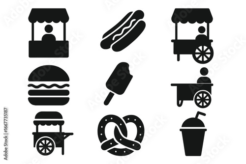 Street food vendor solid icon set. Market cart graphics in silhouette style. Vector illustration of fast food like hot dog, burger, pretzel, ice cream, and drinks.