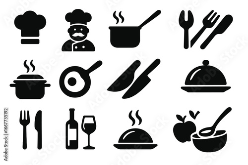 Food cooking silhouette icon set. Vector culinary graphic elements. Chef, restaurant menu, kitchen utensils, cookware, meal preparation icons. Gastronomy and dinner symbols.