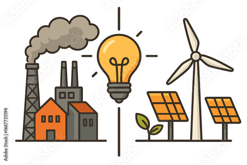 Comparison of renewable energy and fossil fuels. Wind turbine, solar panels vs factory pollution. Green power, eco friendly solution. Sustainability concept vector illustration.