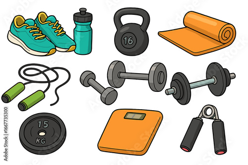 Fitness equipment and sport accessories for workout at home or gym. Set of vector cartoon icons for training, bodybuilding. Dumbbell, kettlebell, weights, scales, jump rope.