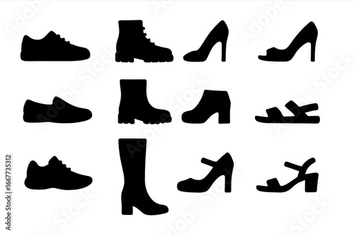 Large collection of footwear silhouettes. Vector icon set of shoes, boots, high heels, sandals. Men and women's shoe types for fashion design. Shoe store graphic element.