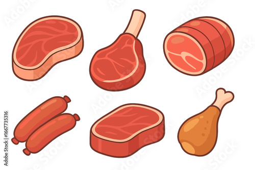 Set of various meat products. Fresh beef steak, pork roast, tomahawk, sausages and chicken leg. Vector cartoon food icons for butchery shop, grocery or restaurant menu.