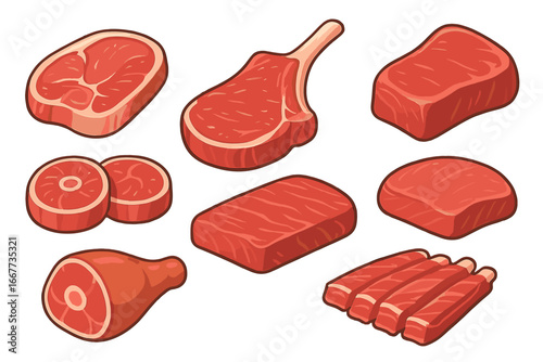 Set of fresh raw meat cuts vector cartoon illustration. Beef steak, pork chop, ribs, ham, and filet for butchery shop or restaurant menu. Food protein assortment icon collection.