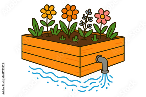 Vector illustration of a raised garden bed with a water drainage system. Colorful flowers in a wooden planter box. Concept for horticulture, urban farming, and container gardening.