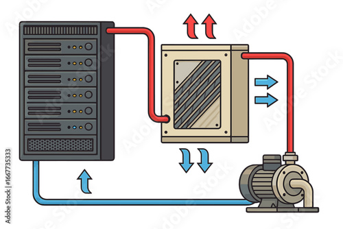 Server liquid cooling system with heat exchanger and fluid pump. Data center thermal management technology diagram. IT infrastructure hardware concept. Vector cartoon illustration.