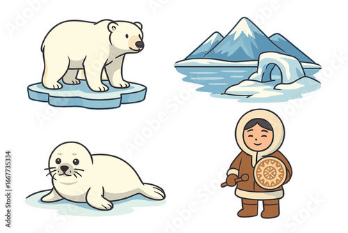 Cute Arctic cartoon illustration set. Polar bear on ice floe, baby seal, inuit person, and snowy landscape. Vector icons of polar animals, northern culture, and winter nature.