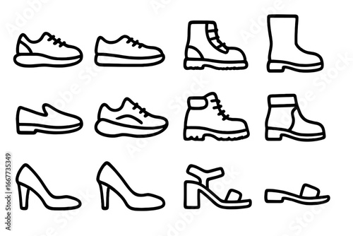 Footwear icon collection. Vector line art set of various shoes and boots silhouettes. Includes sneakers, hiking boots, high heels, sandals, loafers. Fashion outline symbols for men and women.