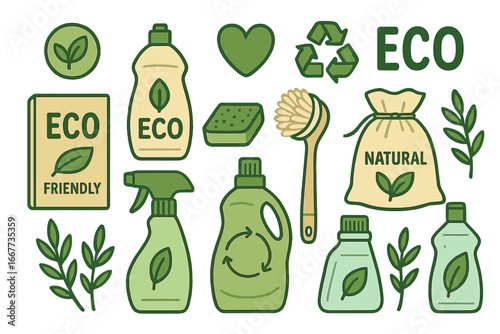 Eco friendly cleaning products set. Vector cartoon illustration. Natural detergents for sustainable green lifestyle. Household supplies, bio plastic, recycle sign, zero waste concept.