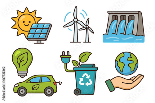 Renewable energy icon set. Green technology, sustainability, and ecology concept. Solar panel, wind turbine, hydro power, electric car, and recycling symbols. Eco-friendly flat design.