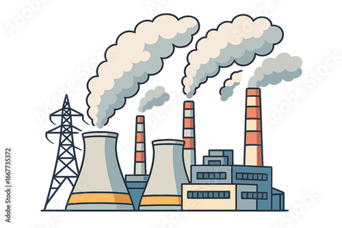 Power plant industrial factory concept. Vector illustration of electricity generation. Energy production with cooling tower and chimney smoke. Pollution, emissions, nuclear icon.