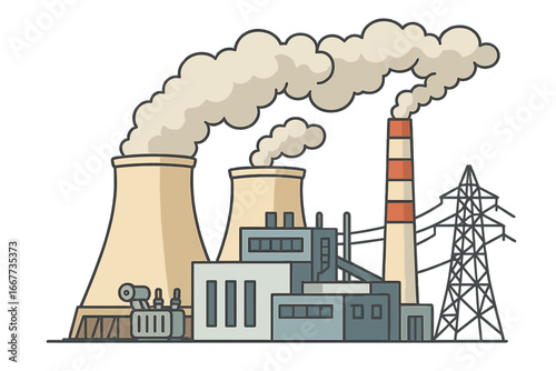 Industrial power plant generating electricity. Cooling towers and smokestack with smoke. Concept of energy production, pollution, and industry. Vector cartoon illustration.