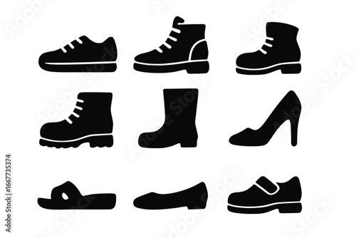 Footwear icon set vector. Shoe silhouettes collection. Sneaker, boot, high heel, sandal, flat, work shoe. Simple black graphic glyphs for men and women fashion style.