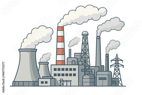 Industrial power plant with smoking chimneys. Factory for energy production. Nuclear power station and electricity generation concept. Air pollution from co2 emissions.