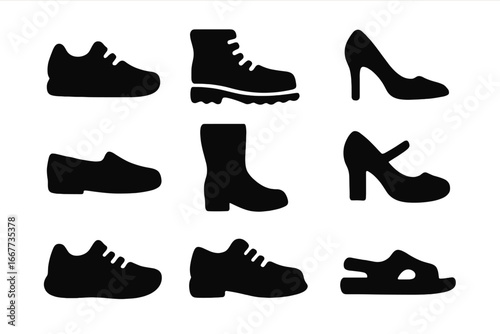 Footwear silhouette icon set. Collection of various shoe types like sneakers, boots, high heels, sandals, and loafers. Vector design for fashion, style, or apparel.