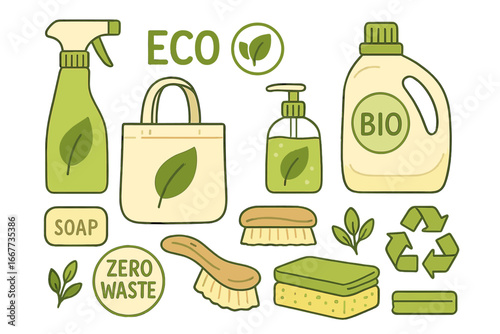 Eco friendly cleaning supplies set. Natural household detergents for home cleaning. Sustainable lifestyle concept. Bio organic products for housekeeping. Green washing tools. Vector.