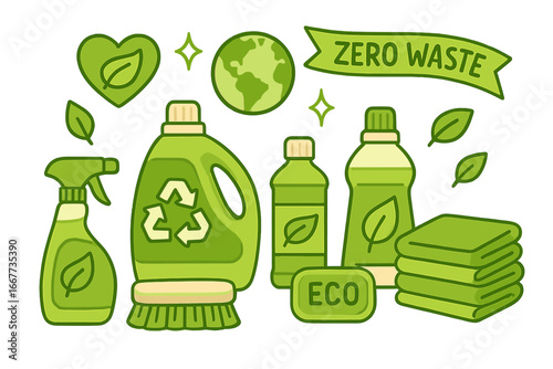 Eco friendly cleaning supplies set. Green household products for sustainable living. Zero waste lifestyle concept. Organic detergent, bio soap, natural cleaner. Recycle symbol.
