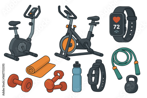 Fitness equipment and gym accessories set. Vector icons of stationary bike, smartwatch, dumbbell, kettlebell, yoga mat, jump rope for cardio workout and healthy lifestyle.
