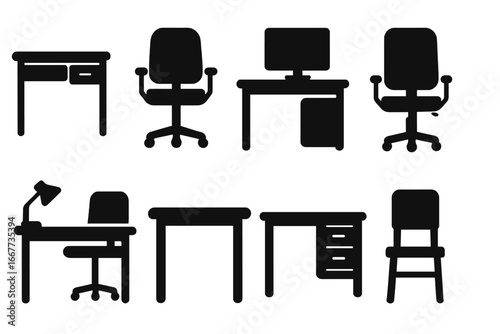Office furniture silhouette icon set. Vector collection of desk, chair, and computer workstation icons. Black pictogram elements for business interior design isolated on white.