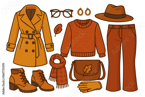 Autumn fashion clothes set. Fall season women's wardrobe collection. Stylish outfit with trench coat, sweater, boots, scarf, hat, pants, and accessories. Vector cartoon.