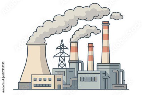 Power plant vector illustration. Industrial factory with cooling tower and pipes. Chimneys emitting smoke. Concept of energy generation, electricity, manufacturing and pollution.
