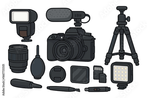Photography and videography equipment set. Professional photographer or vlogger gear collection. Vector icons of camera, lens, tripod, microphone, flash and light. Flat cartoon.