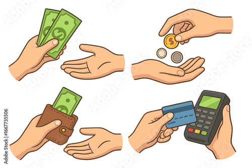 Set of money transaction concepts. Hands giving cash, paying with coins, using wallet, and credit card at POS terminal. Finance, commerce, shopping vector cartoon icons.