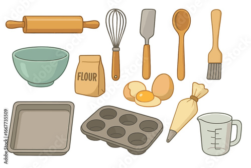Set of kitchen utensils for baking and cooking. Vector cartoon illustration of culinary tools and kitchenware. Bakery equipment, rolling pin, whisk, spatula. Home cooking concept.