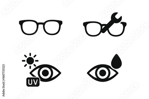 Eyeglasses and vision health silhouette icon set. Optical service, glasses repair, UV sun protection, and eye drop icons. Vector symbols for optometry and ophthalmology care.