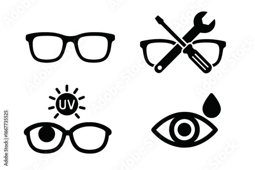 Glasses and vision silhouette icon set. Optical concepts of eyeglass repair, UV protection, and eye drops. Vector illustration for optometry, ophthalmology, and eye health.