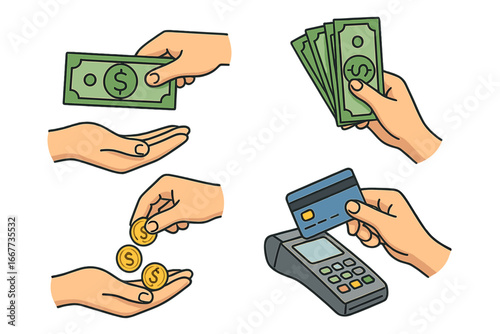 Money transaction and payment method set. Hands holding cash dollars, coins, credit card. POS terminal payment. Finance, banking, shopping, buy, sell concept. Vector cartoon.